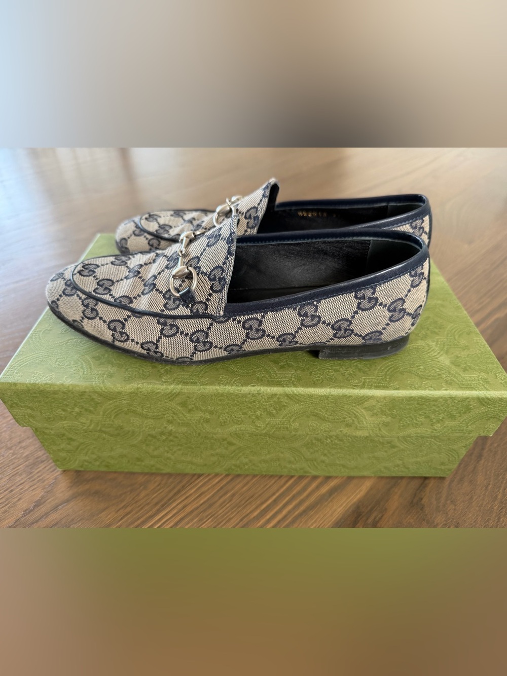 Gucci Beige Canvas GG Horsebit Loafer with Navy Trim - Picture 4 of 11